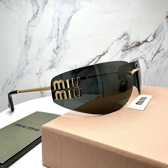 New MIU MIU Sunglasses Gold Dark Gray Lens Runway Wrap Rimless Authentic Miu Miu main image 10